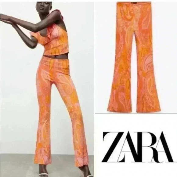 Zara Orange Pink Paisley Retro Hippie Flare Elastic Waist Pants Size S-NWT - Picture 10 of 10